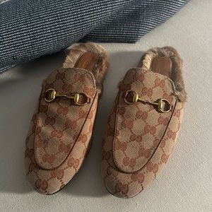 Gucci Monogram Fur Princetown Mules 37.5